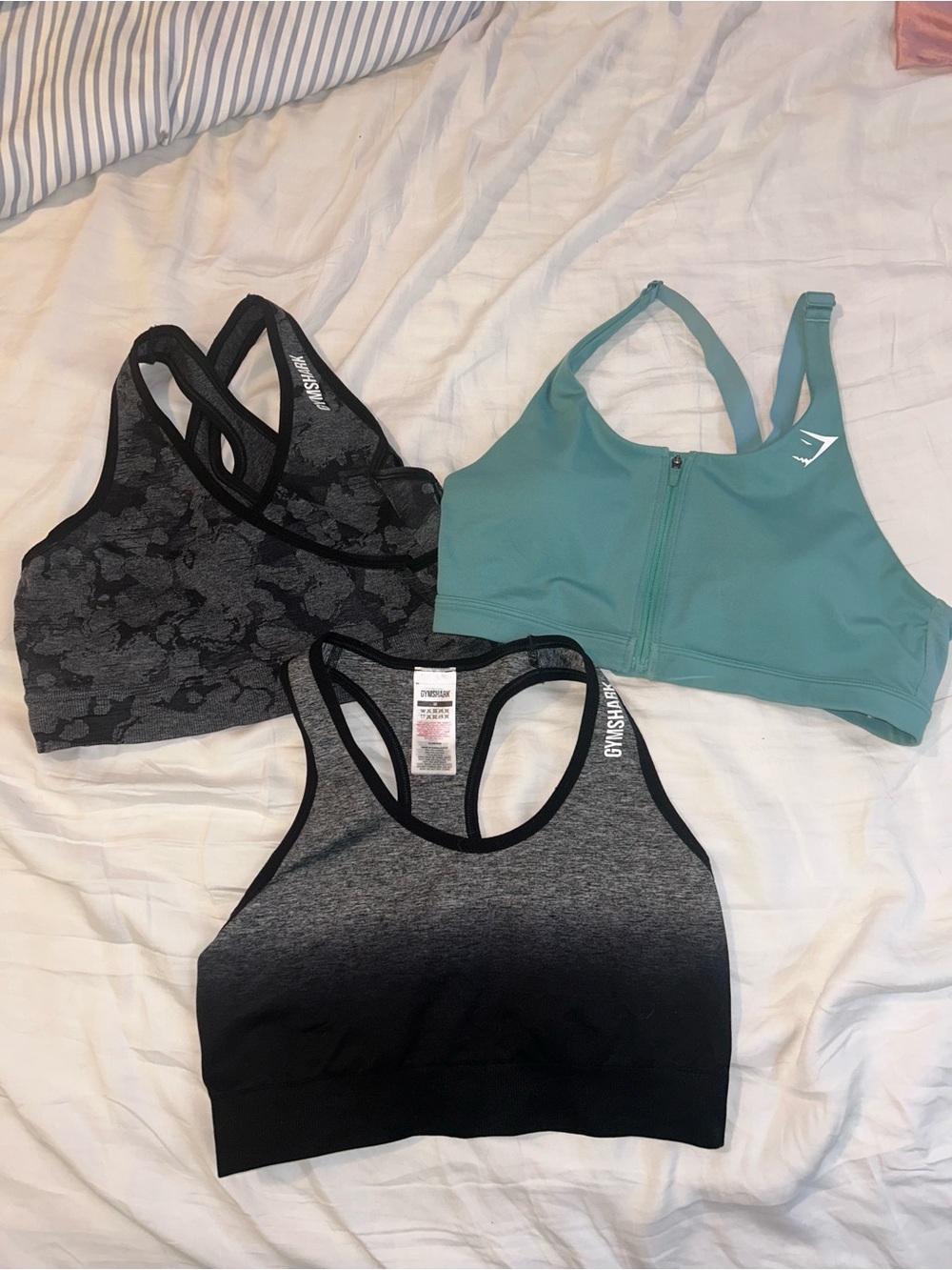 Gymshark Teal Zip-Front Sports Bra & Two Gray/Black Gym Bras Set
